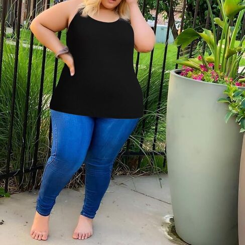 Moon Wood Plus Size Ribbed Tank Tops for Women spaghetti strap Cotton Camisole Scoop Neck Sleeveless Basic Shirts in Saudi Arabia