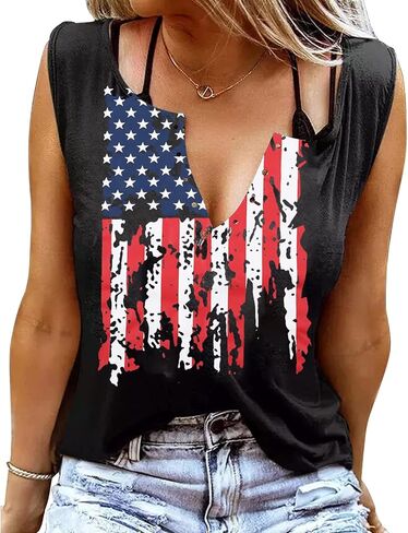 Flag Tank Top Women American Flag Star Striped Shirts 4th of July Shirt Patriotic tee Ring Hole V Neck Tank Tops in Saudi Arabia
