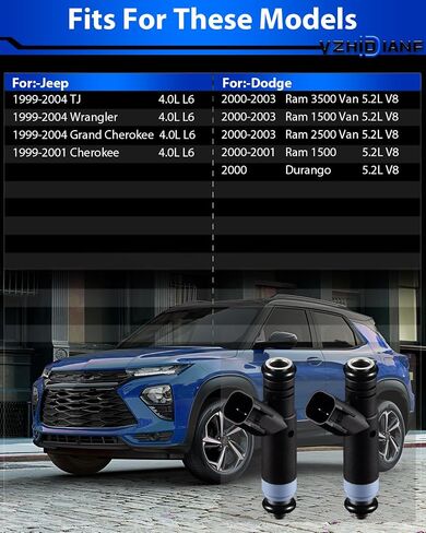 حاقن الوقود FJ454 المحسن يناسب: -جيب جراند شيروكي رانجلر TJ لـ: -دودج لـ: -Ram 1500 2500 3500 Durango 4.0L 5.2L L6 V8, FJ10702 FI11333S (1 قطعة) in Saudi Arabia