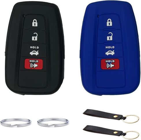 2pcs 4 Buttons Silicone Key Fob Cover for Toyota 2020-2024 Camry RAV4 Highlander Avalon C-HR Prius Corolla GT86 (Black + Blue) in Saudi Arabia