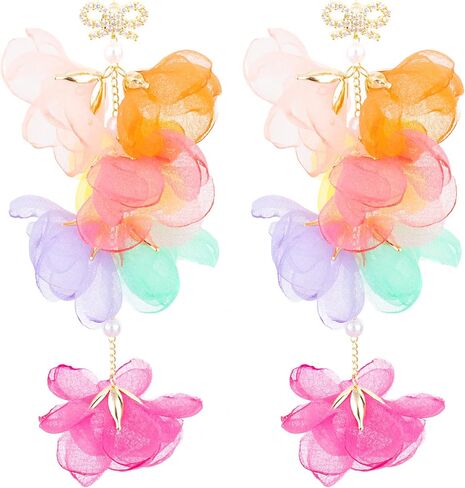 18K Gold Plated plastic Pearl Zircon Organza Flower Earrings for Girls, Kids Birthday Party, Wedding Gift (YMXA00708) in Saudi Arabia