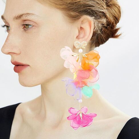 18K Gold Plated plastic Pearl Zircon Organza Flower Earrings for Girls, Kids Birthday Party, Wedding Gift (YMXA00708) in Saudi Arabia