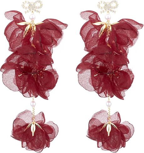 18K Gold Plated plastic Pearl Zircon Organza Flower Earrings for Girls, Kids Birthday Party, Wedding Gift (YMXA00708) in Saudi Arabia
