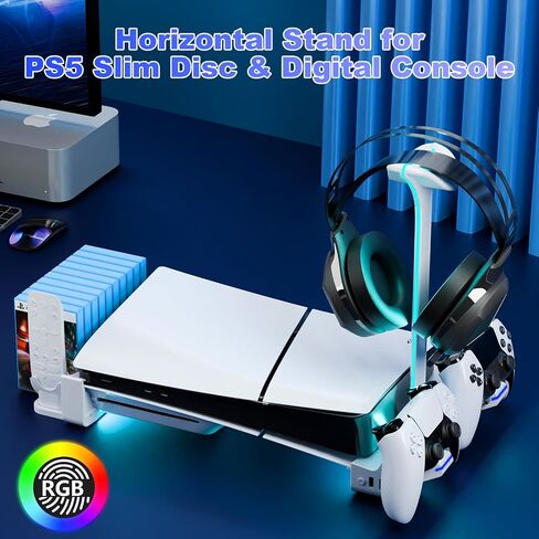 Horizontal Stand for Ps5 Slim Disc & Digital Console, Playstation 5 Slim Stand with Dual Controller Charger and 7 RGB Light, PS5 Slim Accessories for 2023 PS5 Slim Console (NOT Fit 2020 PS5), White in Saudi Arabia