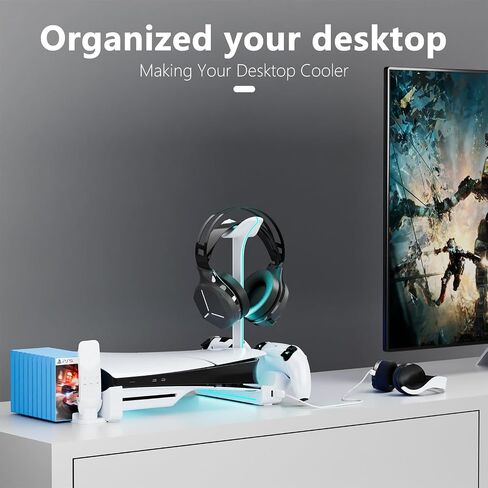 Horizontal Stand for Ps5 Slim Disc & Digital Console, Playstation 5 Slim Stand with Dual Controller Charger and 7 RGB Light, PS5 Slim Accessories for 2023 PS5 Slim Console (NOT Fit 2020 PS5), White in Saudi Arabia