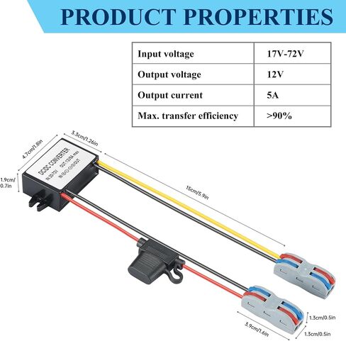 DC/DC Buck Converter 17-60V to 12V,DC/DC Voltage Converter 17V/24V/35V/60V to 12V5A 60W MAX Power Transformer Waterproof Step Down Module for Automotive, LED Lights, Trucks, Instruments. in Kuwait