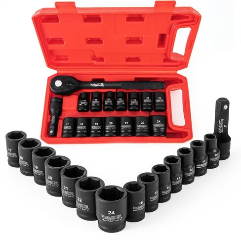 Meiwaltee 1/2-Inch Drive Metric Shallow impact Socket Set,16 PCS Metric 10-24mm Set,Includes 72-Tooth Ratchet and 3'' Extension Bar,Cr-V, 6 Point in Kuwait