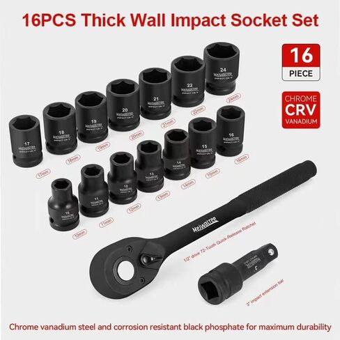 Meiwaltee 1/2-Inch Drive Metric Shallow impact Socket Set,16 PCS Metric 10-24mm Set,Includes 72-Tooth Ratchet and 3'' Extension Bar,Cr-V, 6 Point in Kuwait