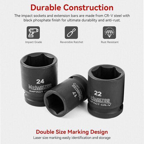 Meiwaltee 1/2-Inch Drive Metric Shallow impact Socket Set,16 PCS Metric 10-24mm Set,Includes 72-Tooth Ratchet and 3'' Extension Bar,Cr-V, 6 Point in Kuwait