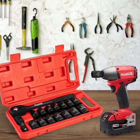 Meiwaltee 1/2-Inch Drive Metric Shallow impact Socket Set,16 PCS Metric 10-24mm Set,Includes 72-Tooth Ratchet and 3'' Extension Bar,Cr-V, 6 Point in Kuwait