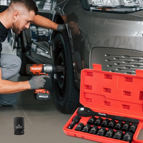 Meiwaltee 1/2-Inch Drive Metric Shallow impact Socket Set,16 PCS Metric 10-24mm Set,Includes 72-Tooth Ratchet and 3'' Extension Bar,Cr-V, 6 Point in Kuwait