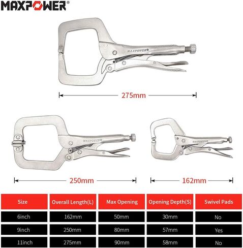 MAXPOWER Heavy Duty Locking C-Clamp Set 6-Inch, 9-Inch,11-Inch, 3-Piece Locking Pliers Nickel Plated C Pliers With Regular Tip and Swivel Pads in Saudi Arabia