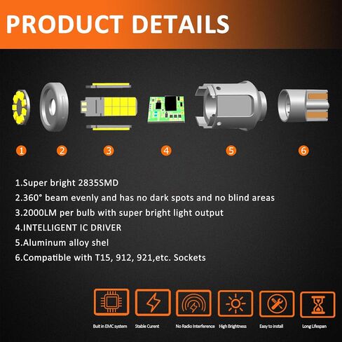 Bestview 912 921 LED لمبة للنسخ الاحتياطي العكسي، 4000 لومن T15 904 906 W16W 922 LED لمبات عكس الضوء الخلفي، Canbus خالية من الأخطاء لشاحنة السيارة، عالية السطوع 6500K أبيض (حزمة من 2) in Saudi Arabia
