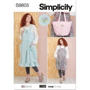 Simplicity Misses' Relaxed Fit Pinafore Aprons and Tote Sewing Pattern Kit by Elaine Heigl, Design Code S9805, XS-S-M-L-XL, Multicolor