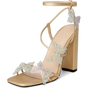 Butterfly Heels Sandals Rhinestone Crystal Butterflies Heels Open Square Toe Chunky Block High Heels 4 Inch Women's Ankle Strap Shoes