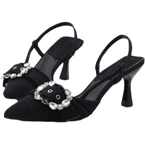 Women's Rhinestone denim Cloth Kitten Heels Pumps Fashion Closed Pointed Toe Slip-On Slingback Low Heel Dress Sandals for Wedding Party Evening