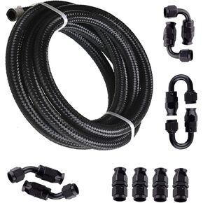 WFLNHB 8AN Black Nylon PTFE Fuel Line Hose Kit 20 Feet for Gas Ethanol E85 Oil Line Hose with 10PCS Swivel Fuel Hose Fitting Adapter Kit