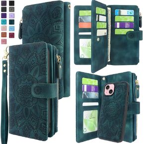 Harryshell Compatible with iPhone 15 / iPhone 14 / iPhone 13 6.1 inch 5G Wallet Case Detachable Removable Phone Cover Zipper Cash Pocket Multi Card Slots Wrist Strap Lanyard (Floral Teal)
