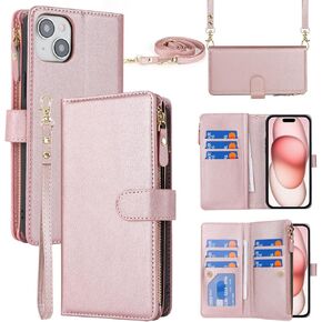 Jaorty Crossbody iPhone 15 Case with Strap Lanyard,for Apple iPhone 15 Phone Wallet Case for Women with Card Holder,Zipper Pocket Magnetic Flip Leather iPhone 15 Case with wallet,6.1" RoseGold in Kuwait