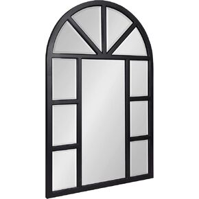Kate and Laurel Hogan Rustic Wood Framed Arch Windowpane Wall Mirror, 24 x 36, Distressed Black, Chic Farmhouse Wall Decor
