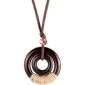 Ethnic Boho Chic Double Wooden Ring Circle Necklace, Vintage Bohemian Summer Statement Jewelry Gift for Women