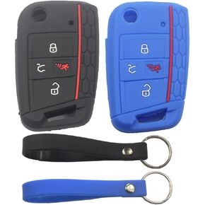 2Pcs Rubber Silicone 4 Buttons Flip Smart Key Fob Cover Case Protector Keyless with Keychain Compatible with Volkswagen VW Atlas GTI Tiguan Golf Jetta Black Gray