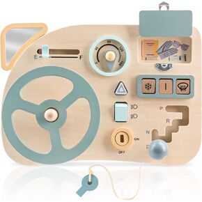 Montessori Busy Board Toy for Toddlers, Educational Wooden Motor Skills Board, Preschool Car Driving Steering Wheel Activity, Travel Toy, Pretend Play Sensory Activity Boys and Girls