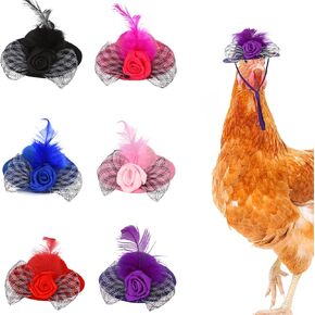CCINEE 6 Pcs Chicken Hats for Hens Tiny Pets Animals Funny Chicken Accessories Mini Feather Top Hat with Adjustable Elastic Chin Strap and Rose for Hamster Parrot Bird Snake Animals Show Costum
