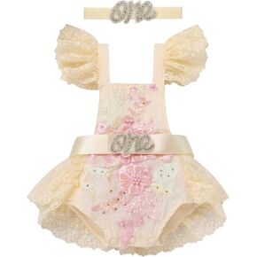 IMEKIS Newborn Baby 1st Birthday Photograph Props Outfit Cake Smash Boho Lace Romper Dress + Headband + Sash Belt Set
