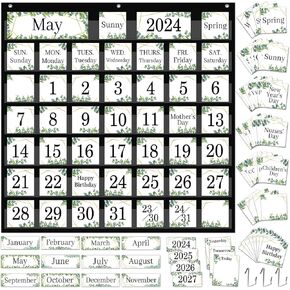 QOUBAI 120Pcs Classroom Calendar Pocket Chart Boho Rainbow Calendar Bulletin Board Set Classroom Decoration Greenery Calendar Seasons Weather Chart for Classroom Decoration Back to School Supplies