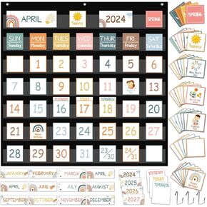 QOUBAI 120Pcs Classroom Calendar Pocket Chart Boho Rainbow Calendar Bulletin Board Set Classroom Decoration Greenery Calendar Seasons Weather Chart for Classroom Decoration Back to School Supplies