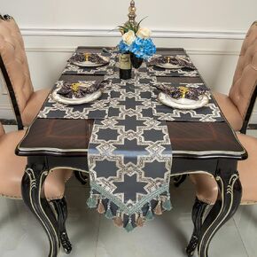 Table Runner, Vintage Luxury Embroidered Floral Jacquard Damask Fabric with Multi-Tassels for Living Room Dresser Scarfs (Teal, 13x72inch)