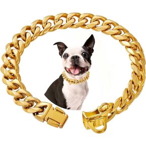 Stainless Steel Silver Gold Dog Collars with Safety Buckle Lock,18K Cuban Link Chain Training Collar,15MM Strong Dog Necklace Heavy Duty Chew Proof for Small Medium Large Dog