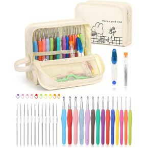 Katech Crochet Hook Set with Case Include 26 Size Crochet Needles-Standing Crochet Hook Case with Extra Long Crochet Hooks Kit for Beginners Adults Kids-Soft Grip Handle-Inspiring Crochet Hook Case