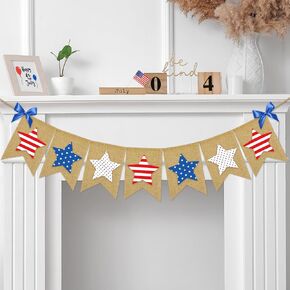 8.2Ft 4th of July Burlap Banner Patriotic Star Hanging Banner Red Blue White Pre-Assembled Independence Day Bunting Garland for Memorial Day Home Party Decor Supplies