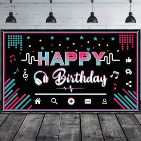 Music Happy Birthday Party Backdrop Musical Social Media Birthday Party Supplies Social Media Photography Background Large Fabric Banner for Teens, 73 x 43 Inches