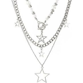 Star Y2k Silver Necklace Grunge Layered Necklace Cute Aesthetic Stack Toggle Chain Necklaces Gothic Vintage Emo Jewelry Set for Women