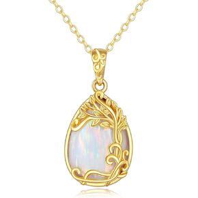 14K Solid Gold Tree of Life Necklace for Women White Opal Teardrop Shape Jewelry Gifts for Girls