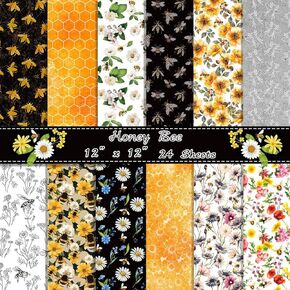 24 Sheets Bee Pattern Paper, 12" x 12" Scrapbook Paper Scrapbooking Supplies Paper Decorative Craft Paper for DIY Card Making Photo Album Junk Journal Decorr - 12 Styles ﻿ ﻿