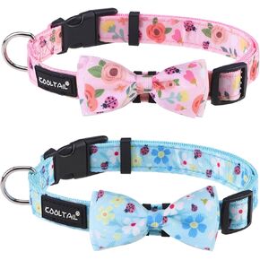 KOOLTAIL Dog Collar with Bow Tie, 2 Pack Cute Spring Personalized Dog Collars with Sunflower Pattern, Detachable Adjustable Yellow Boys/Girls Pet Collar with Safety Buckle for Small Medium Large Dogs