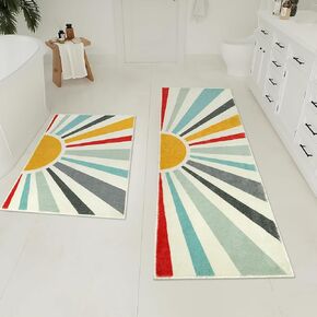 Uphome Boho Bath Mat Set Modern Colorful Sun Bathroom Rug Sets 2 Piece Non-Slip Soft Cute Long Bathroom Rugs Machine Washable Blue Aesthetic Floor Carpet for Shower Vanity Kids Room