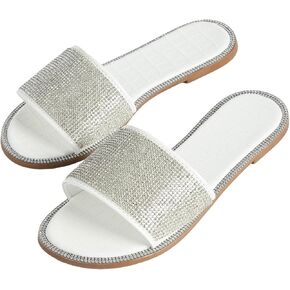 GORGLITTER Women's Rhinestone Glitter Slide Sandals Decor Open Toe Outdoors Flat Slippers White CN40 in Saudi Arabia