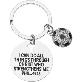 Soccer Charm Keychain, Christian Faith Charm Keychain, I Can Do All Things Through Christ Who Strengthens Me Phil. 4:13 Scripture Jewelry, Soccer Gifts for Women and Men