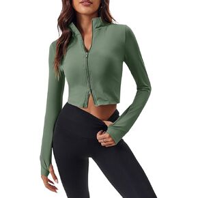 Fisoew Women's Zip Up Workout Jacket Lightweight Cropped Athletic Slim Fit Tops with Thumb Hole