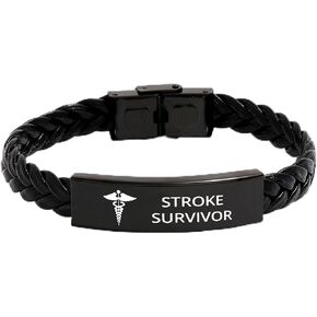 Medical Symbol Stroke Survivor Awareness Braided Leather Bracelet, SOS Emergency Health Life Alert ID Engraved Stainless Steel Jewelry Silver Adjustable Bracelet for Women Men Teen