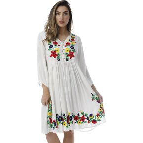 Riviera Sun Floral Embroidered 3/4 Sleeve Button Front Empire Waist Dress