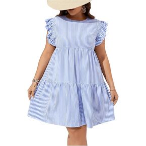 WDIRARA Women's Plus Size Striped Ruffle Trim Cap Sleeve Dress Summer A Line Dresses