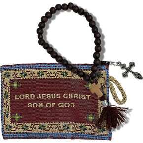 Religious Gifts Wooden 30 Knots Prayers Beads With Tapestry Jesus Prayer Pouch Keepsake Holder 4 1/4 Inch