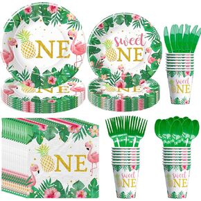 Flamingo First Birthday Decorations - Flamingo 1st Birthday Party Supplies, Plate, Napkin, Cup, Cutlery, Tropical Hawaiian Flamingo Party Decorations For One-Year-Old Birthday | 24 Guests