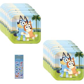 Bluey Birthday Party Supplies Bundle includes 16 Dessert Cake Paper Plates and 1 Dinosaur Sticker Sheet